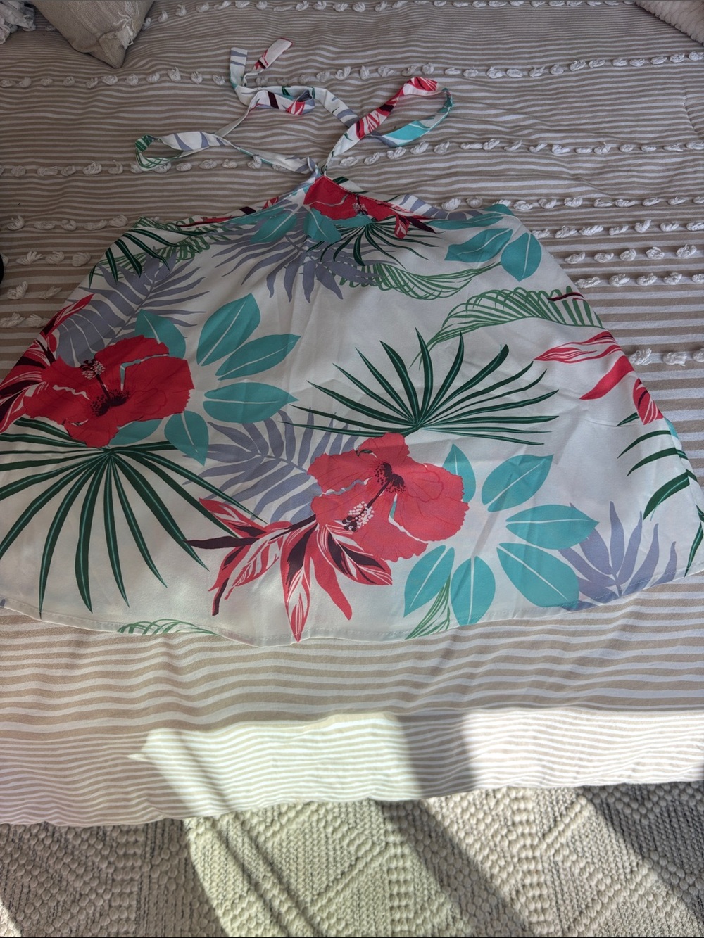 SHEIN White Halter Camisole with Coral Floral & Teal Leaf Print